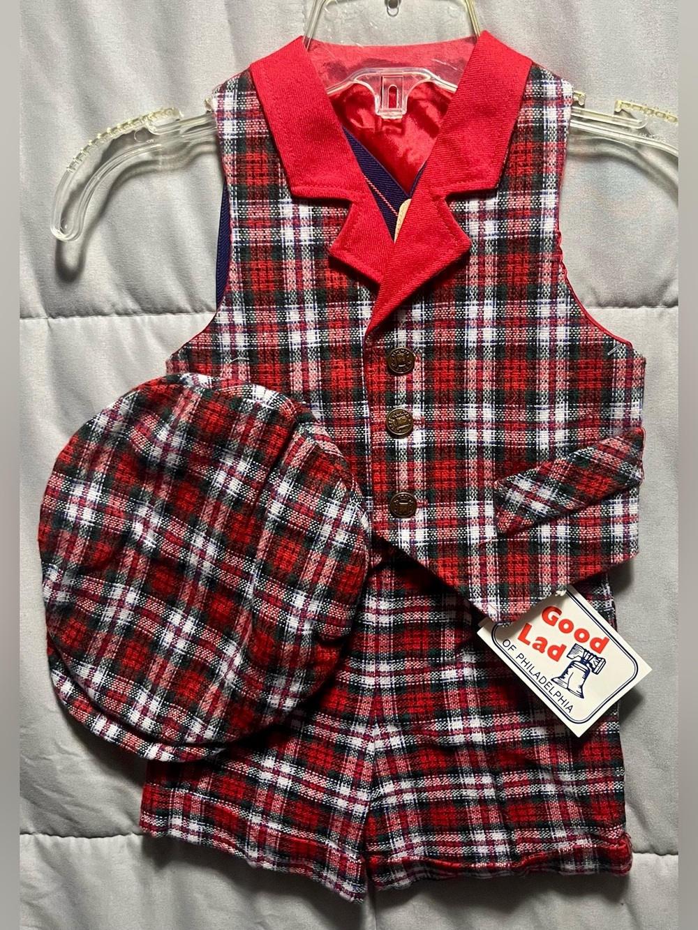 Vintage 2T Good Lad Boys Plaid Vest Shorts Suspenders Newsboy Cap Outfit 80s New